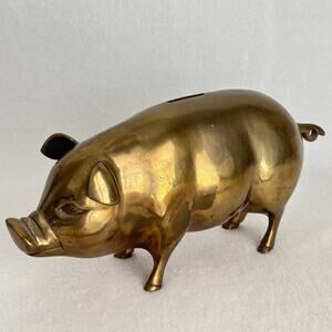 Vintage Brass Piggy Coin Bank, Large Heavy Curly Tail Hog ~10" 3+lbs